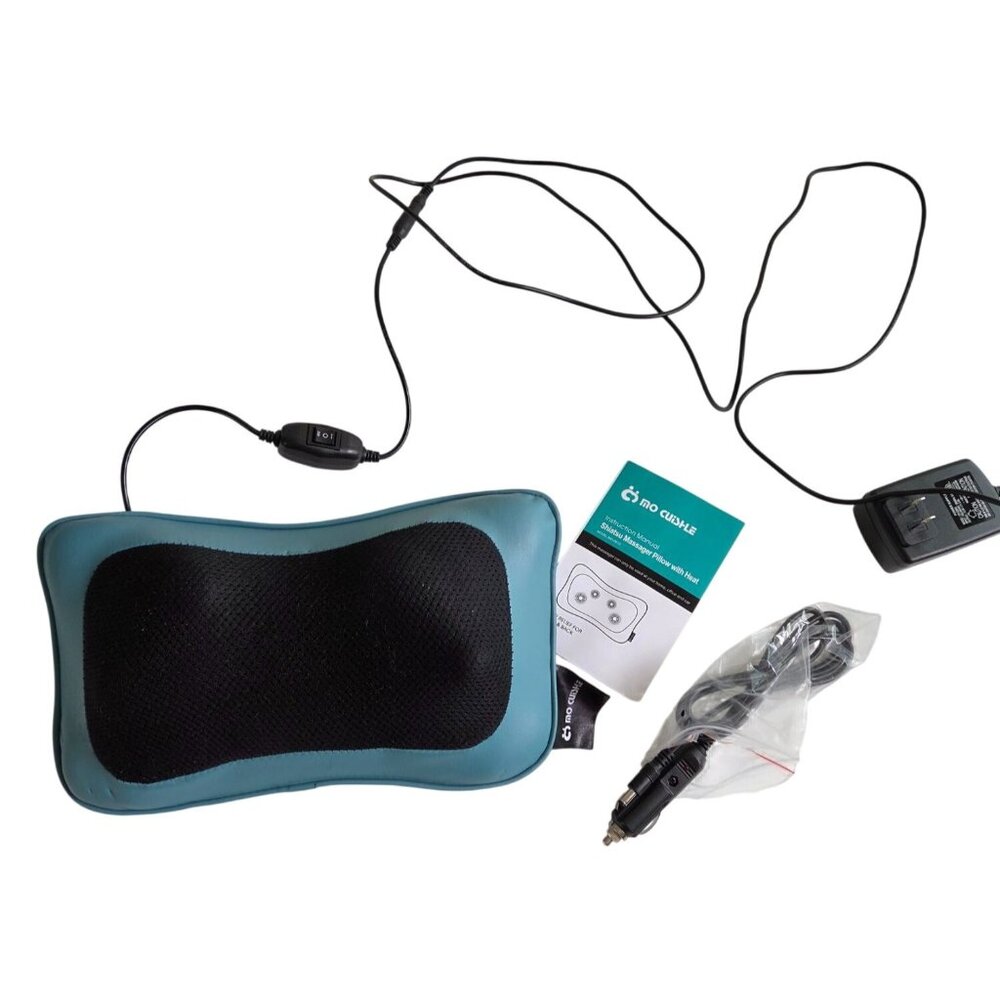 Shiatsu Massage Pillow With Heat Adjustable Strap Power Adapters Black & Teal